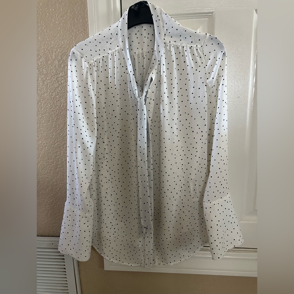 White House of Black Market White and Black Polka Dot Dress Shirt